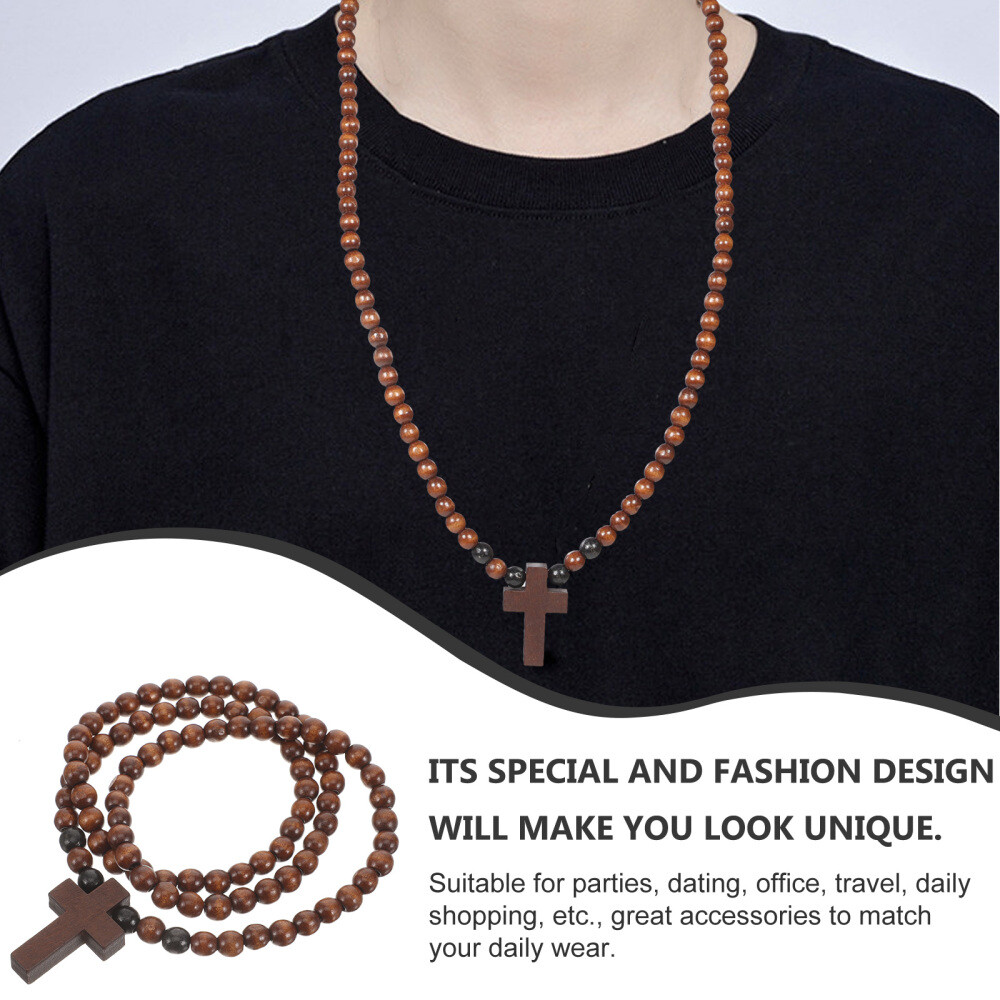 Wooden Cross Necklace For Men Beaded Chain Necklace Rosary Trendy Necklace