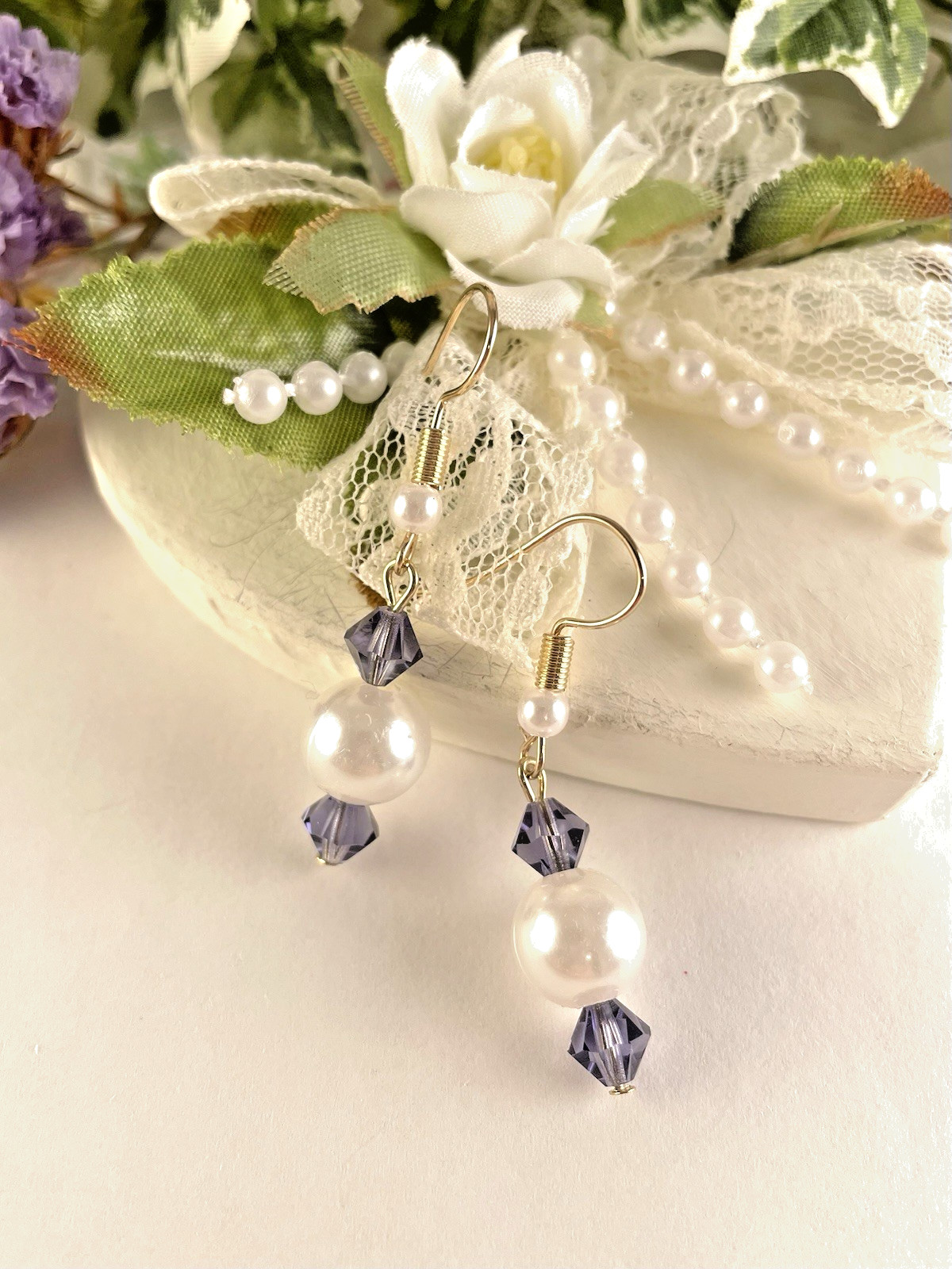Women’s Gold White Pearl Dangle Earrings with Purple Crystals Handmade Artisan