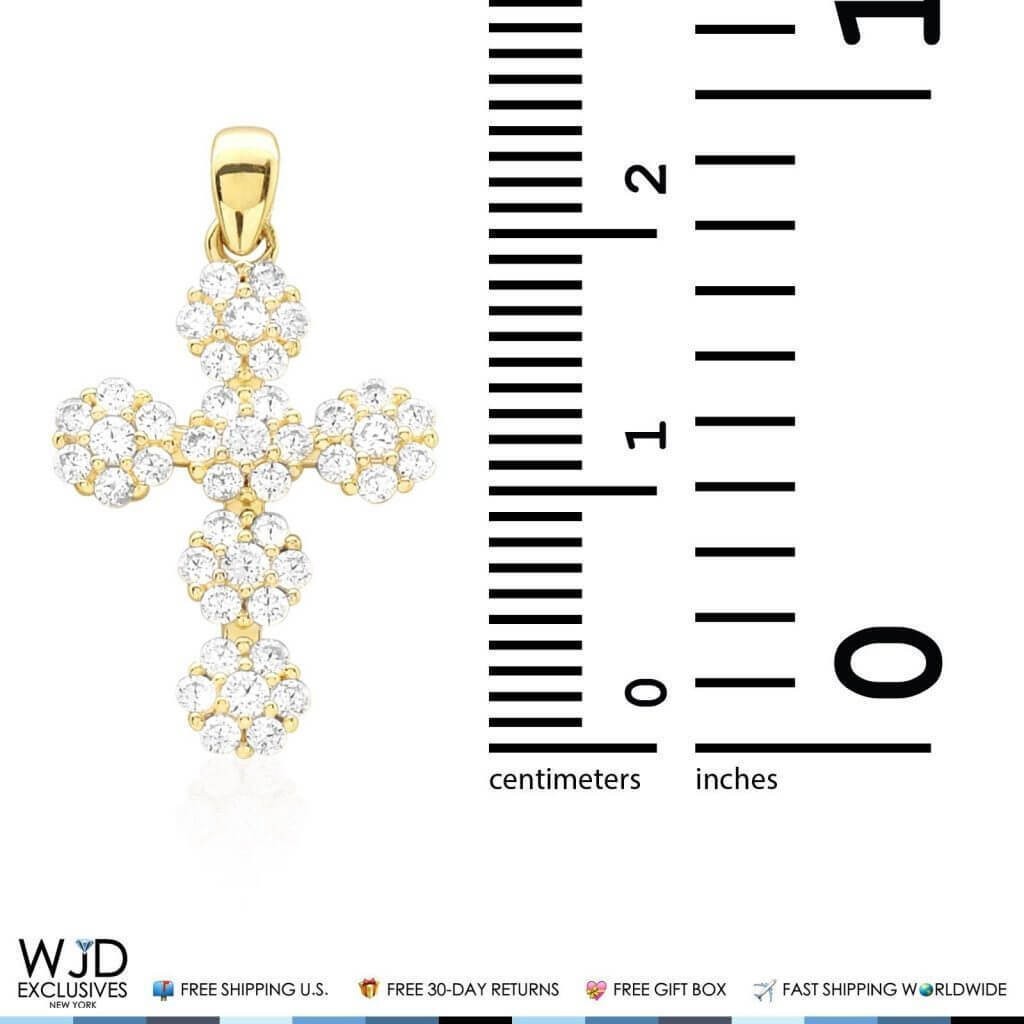 14k Solid Yellow White Gold 0.85Ct Simulated Diamond Flower Design Cross Pendant