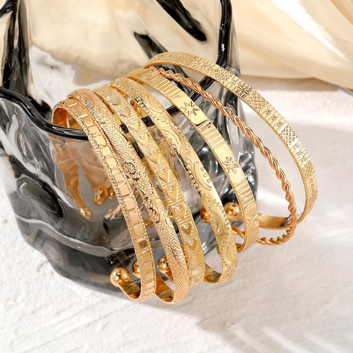 Gold Plated Bangle Bracelets Women Stackable Cuff Set Trendy Boho Non Tarnish