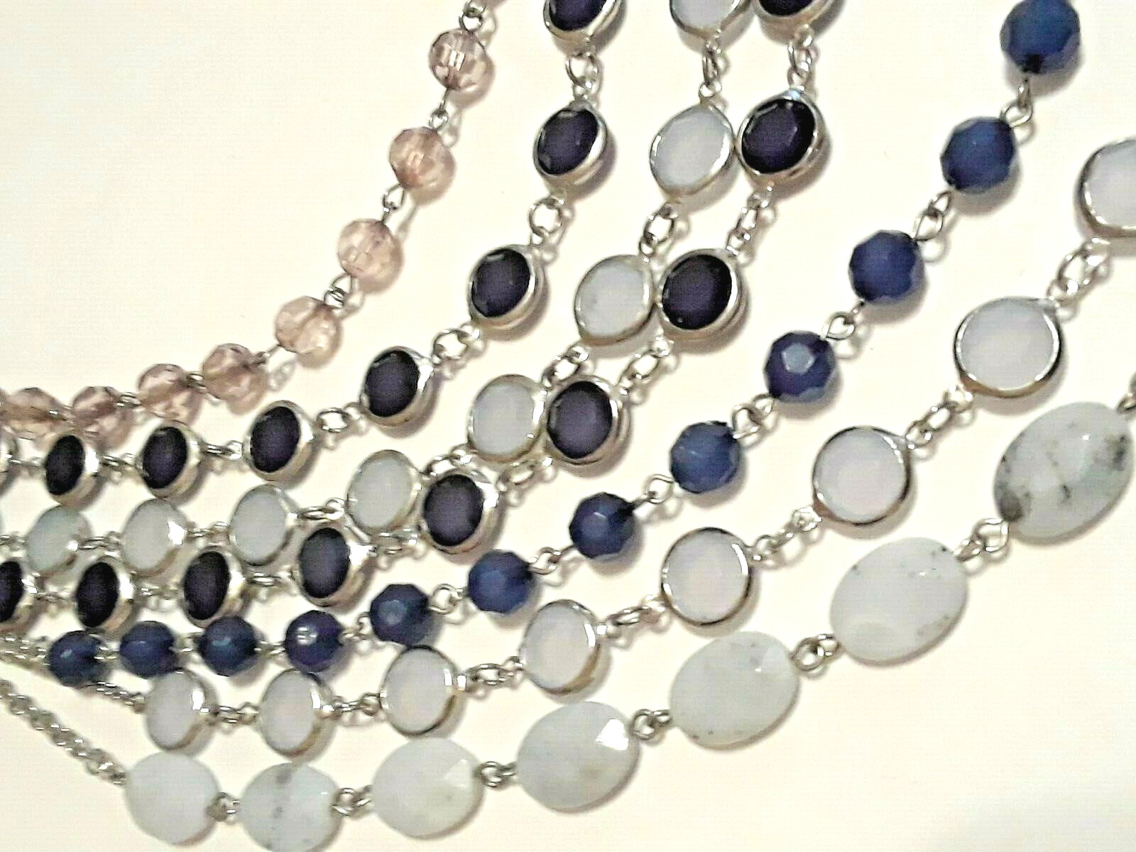 Multi strand cluster necklaces. blue cabochon, beads, 20″ – 32″ long. 2 lobster