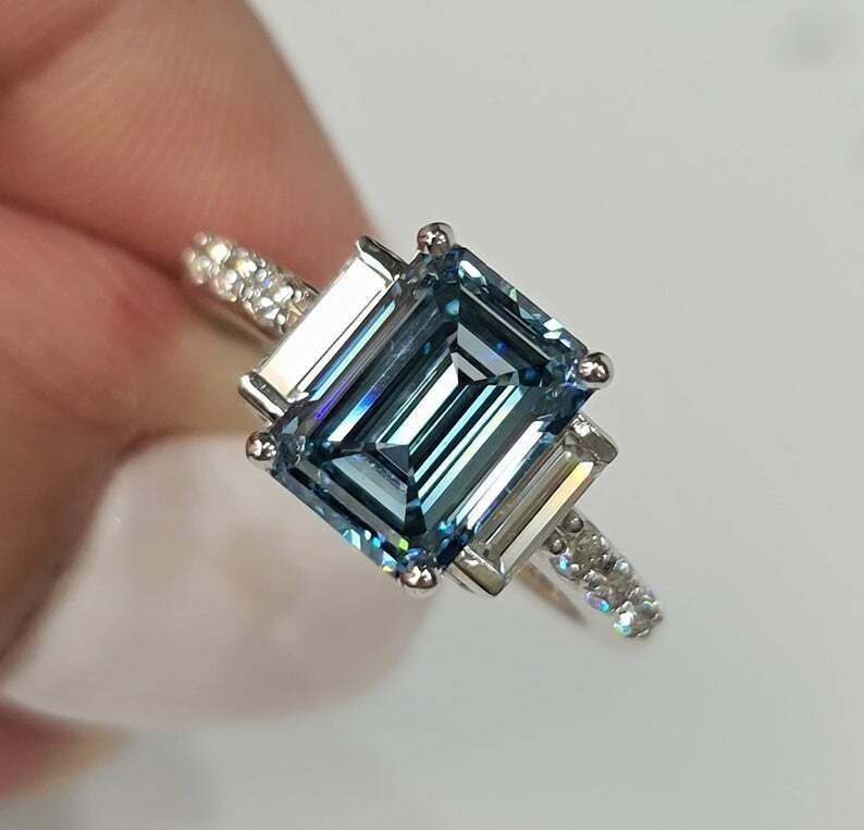 3Ct Emerald Simulated Blue Diamond Three Stone Ring 14k White Gold Plated Silver
