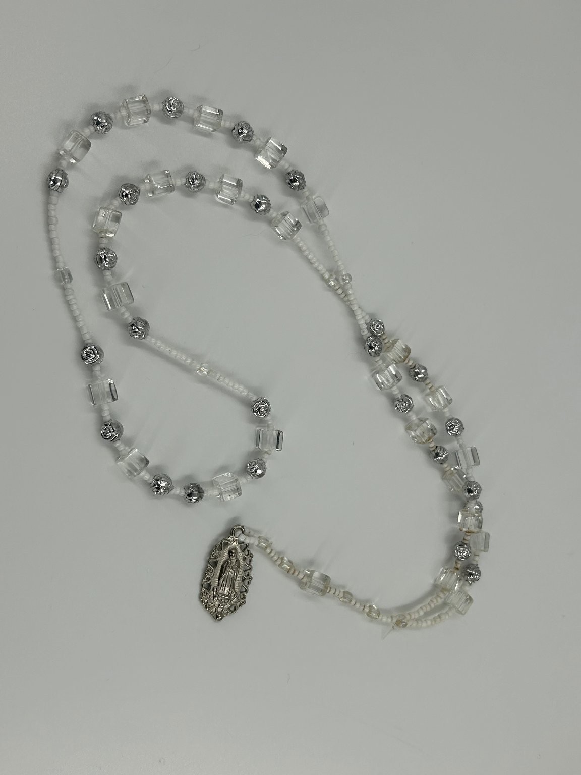 Vintage Religious Rosary Necklace Silver Tone ClearGlass Beads 27 Inch