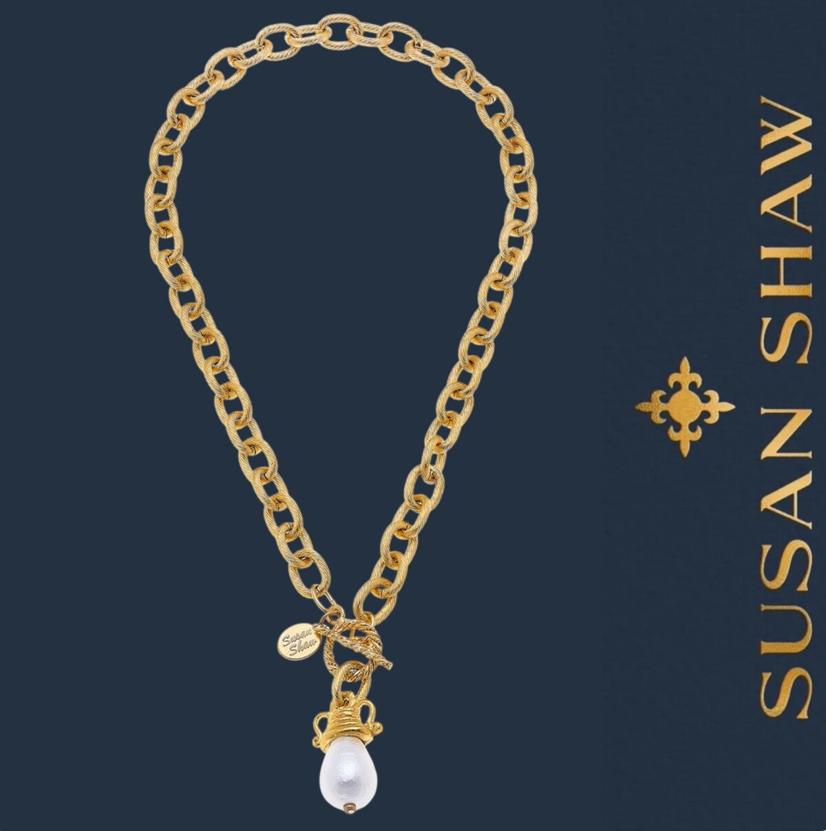 Susan Shaw Necklace Gold Filigree Pearl Loop Toggle Chain Jewelry 24k TPG