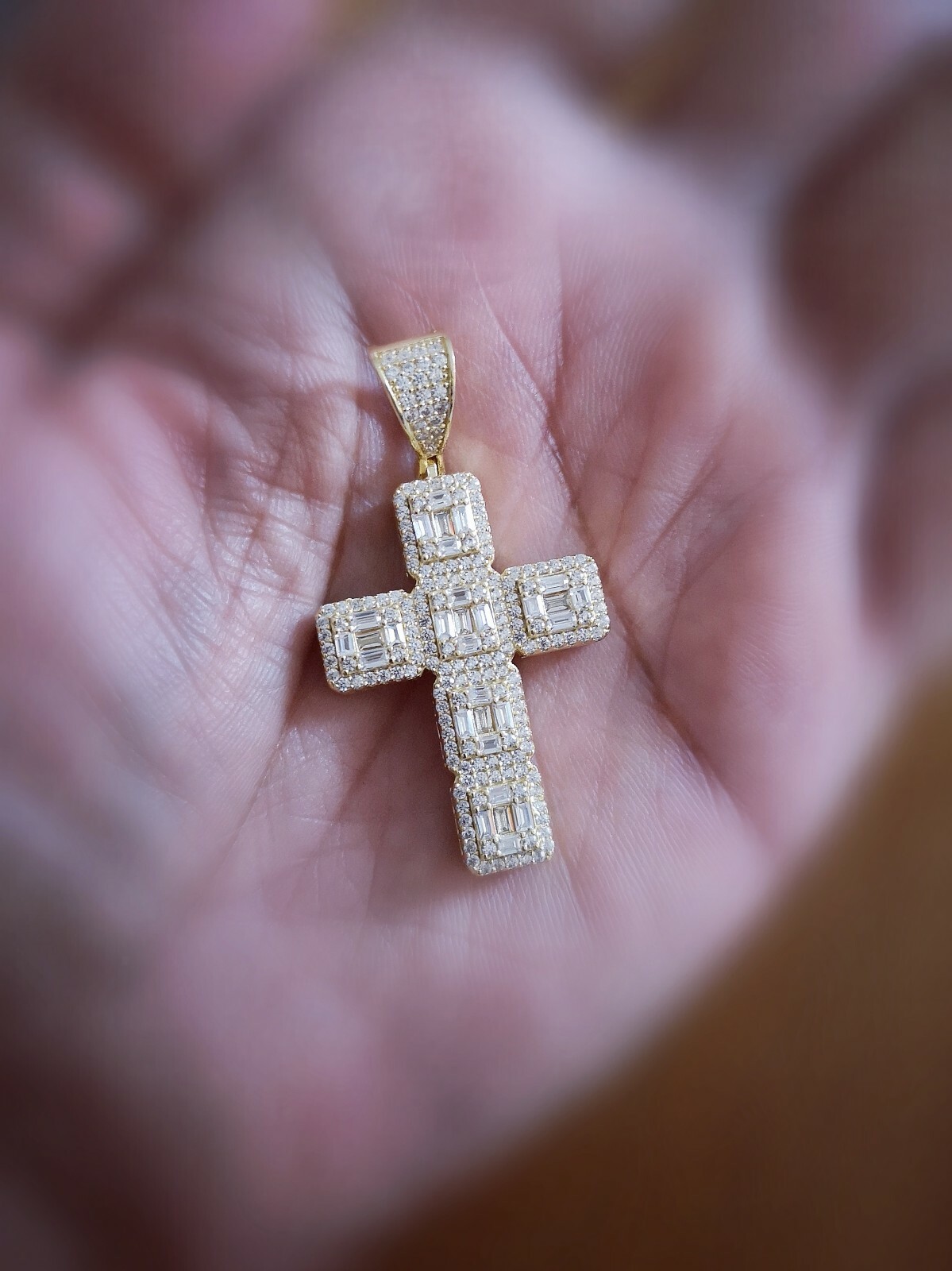 5 Ct Cross Pendant Necklace Simulated Diamond 14K Gold Plated Silver Womens Mens
