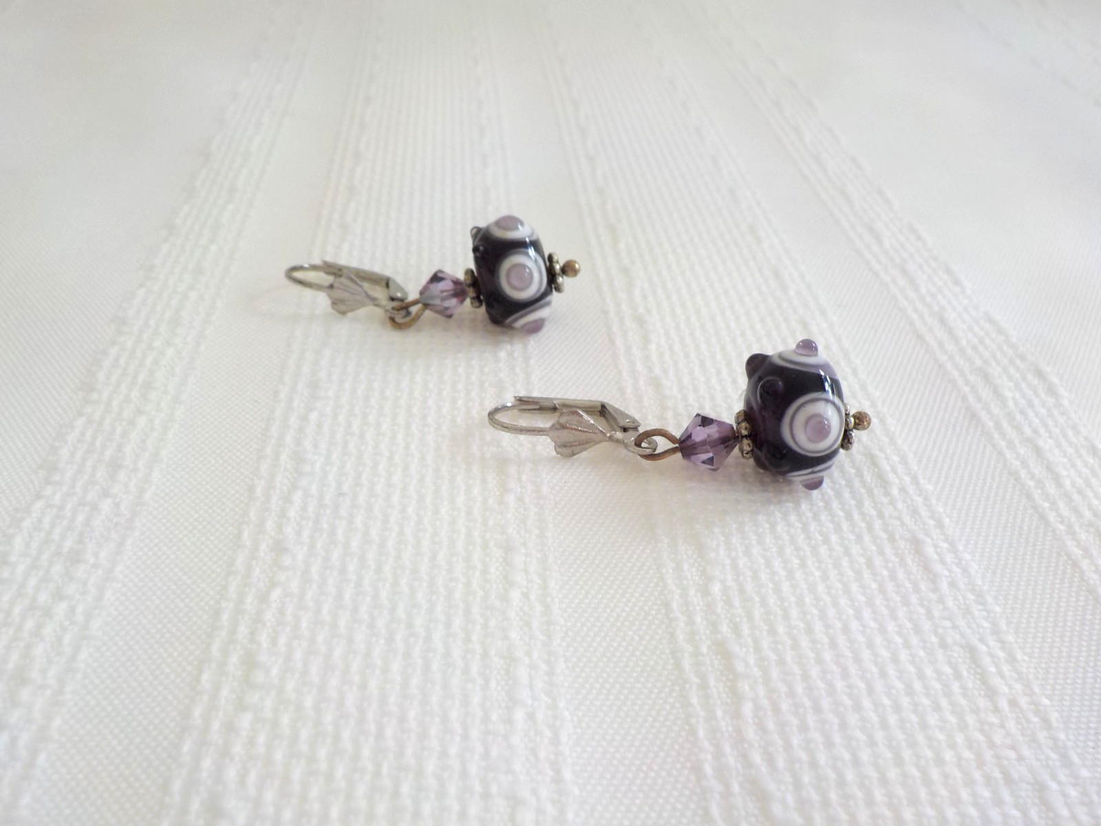 Lampwork Black Purple White Bead Bracelet Pierced Earrings Round Toggle Bumpy