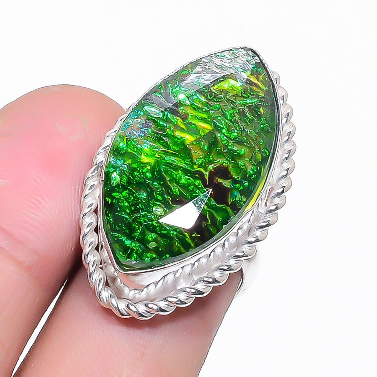 Ammolite Marquise Shape Gemstone Adjustable Ring Handmade Statement Gift Jewelry