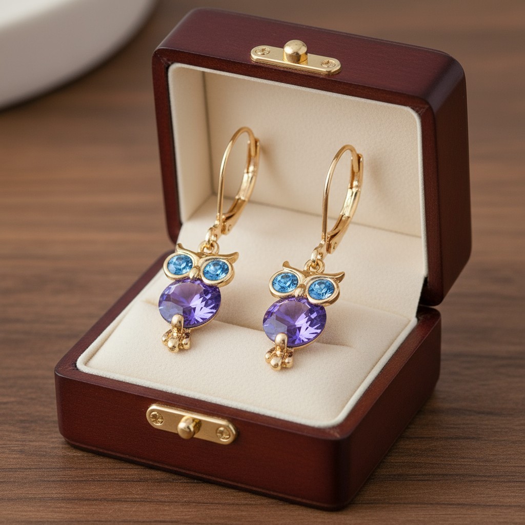 Betsey Johnson CZ Owl Drop Earrings – Gold-Tone with Blue & Purple Crystals