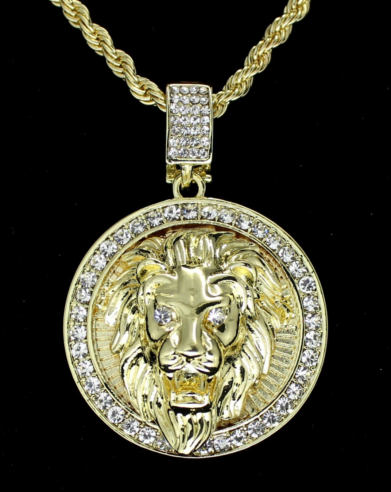 Mighty Lion Mens Iced Cz Round Pendant 24″ Chain 14k Gold Plated Hip Hop Jewelry