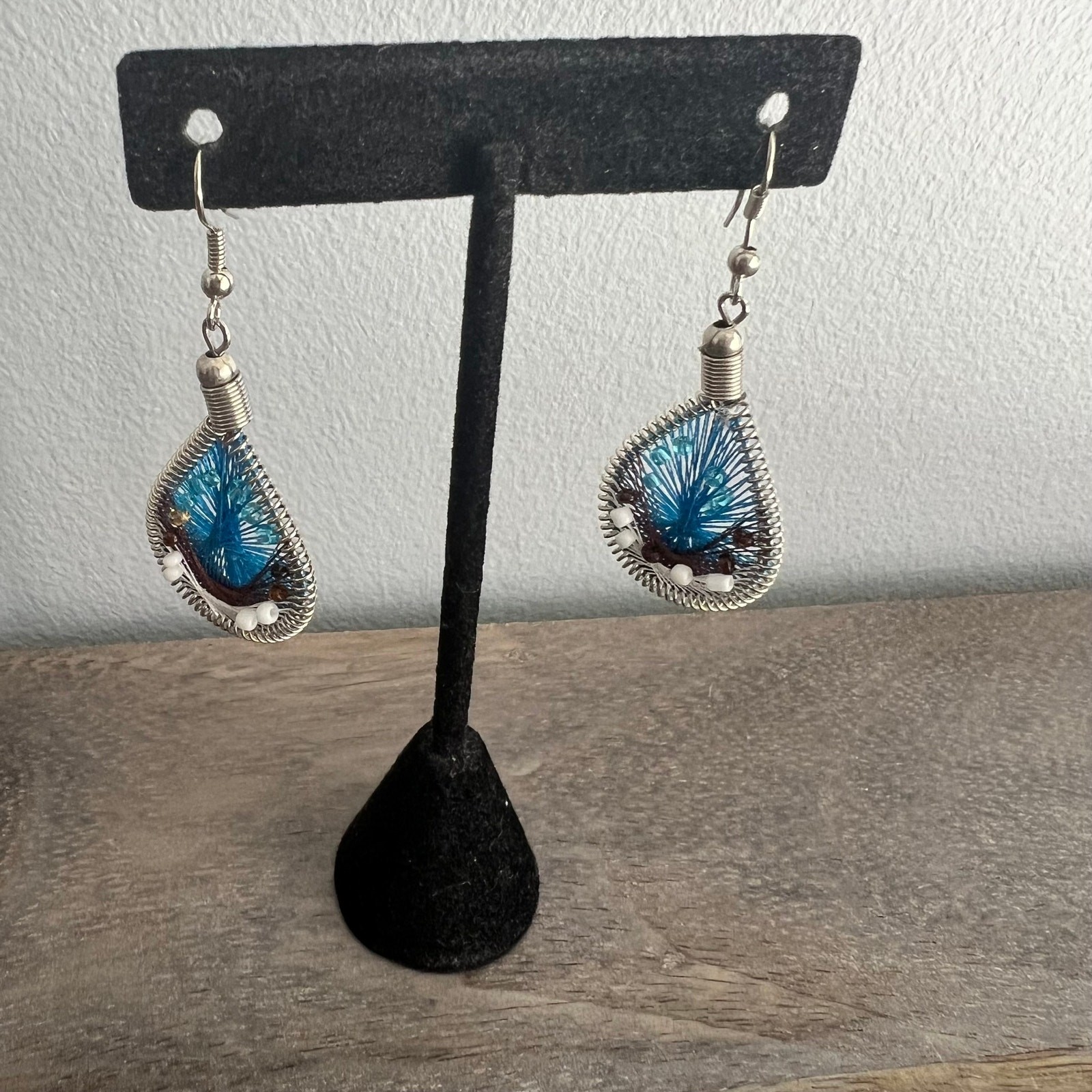 Blue black and white thread teardrop dream catcher earrings