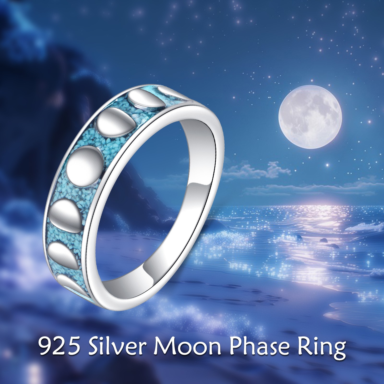 Sterling Silver Turquoise Moon Phase Ring Size 7 8 9 10 Jewelry Gift