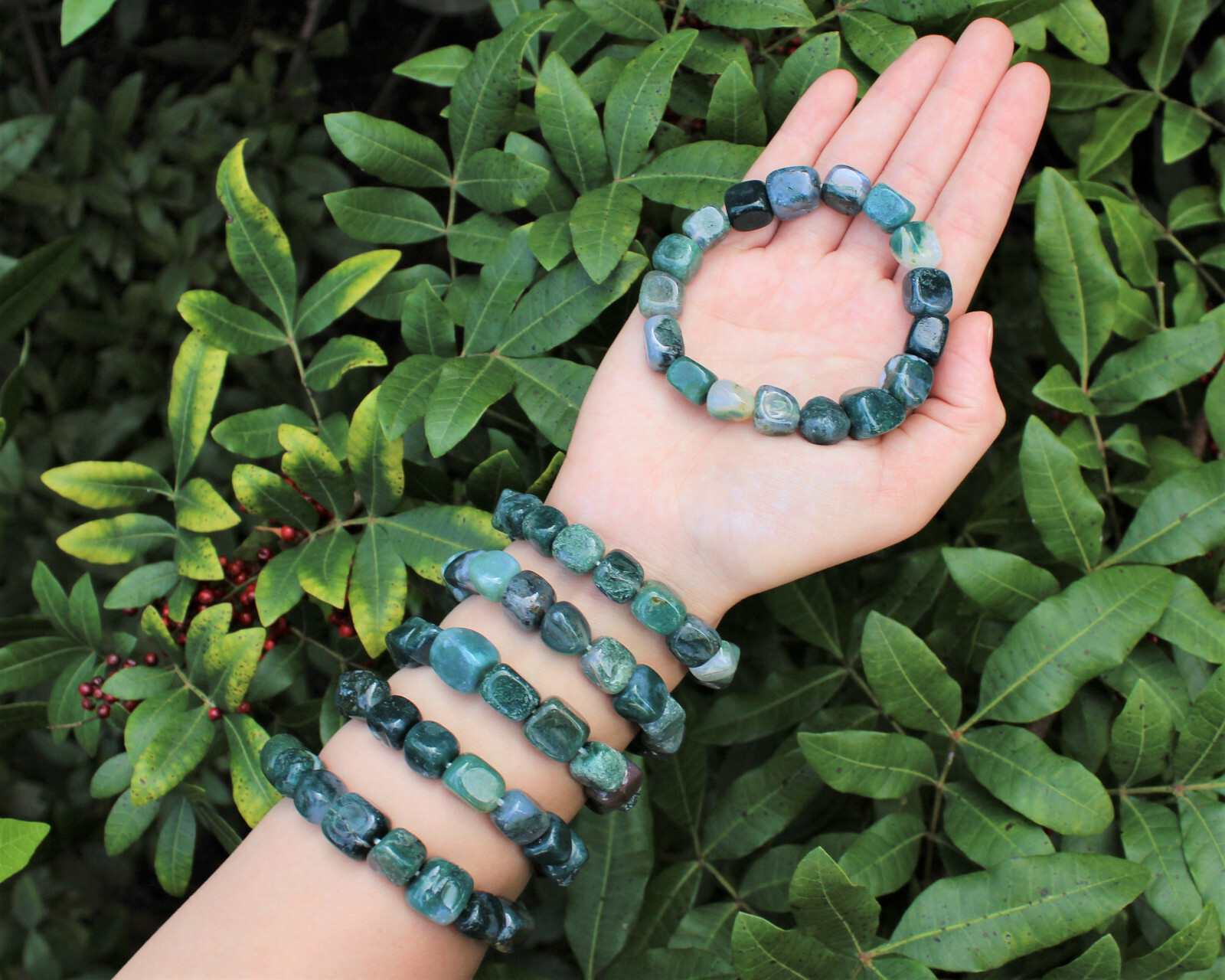 Moss Agate Tumbled Stone Crystal Bracelet 6-8mm | Genuine Agate Gemstone Jewelry
