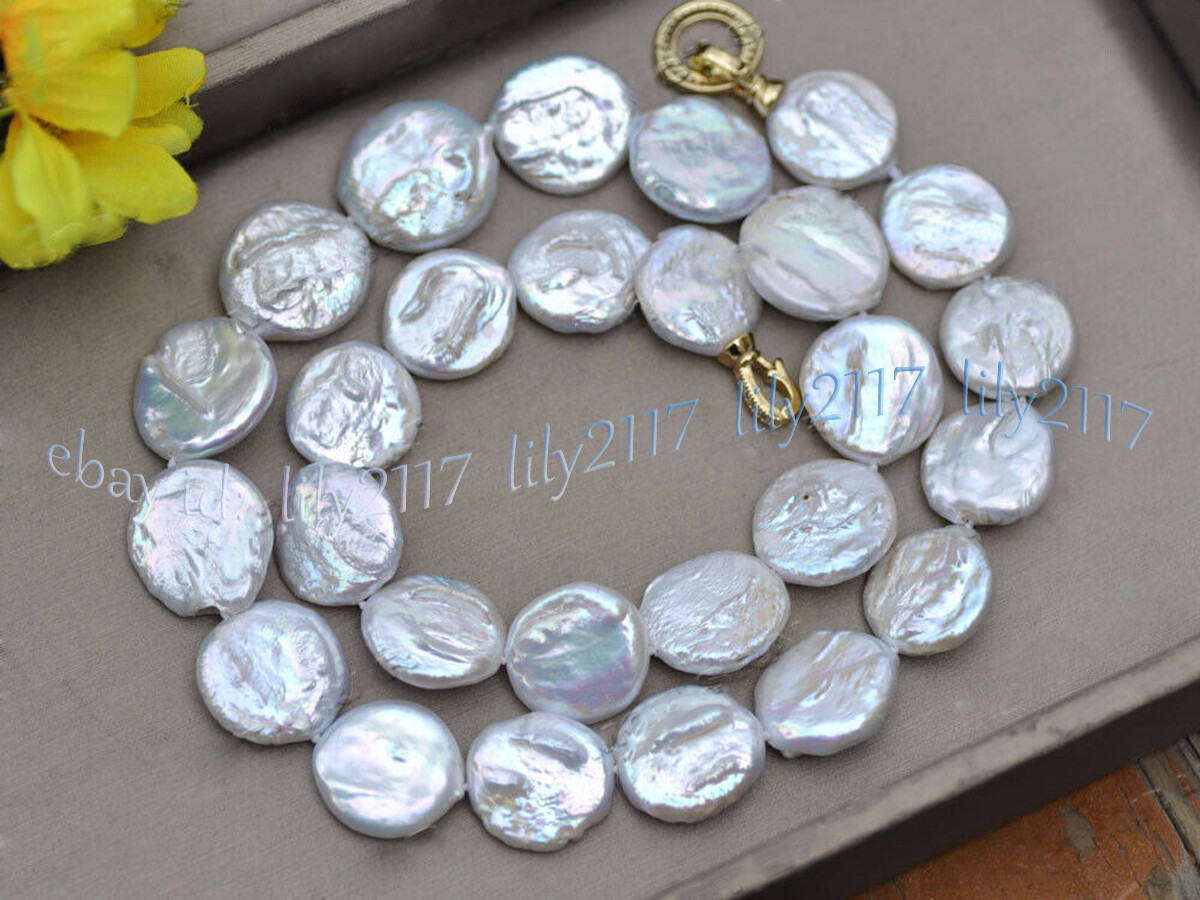 20-22mm Natural White Freshwater Baroque Pearl Flat Coin Beads Necklace 14-36”