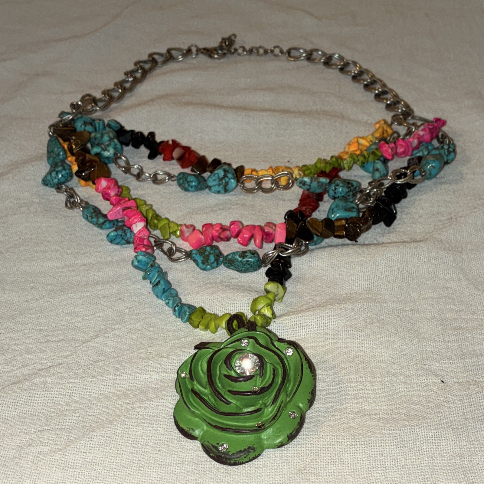 Multicolor Multi-Strand Beaded Necklace Green Flower Charm Adjustable Lobster