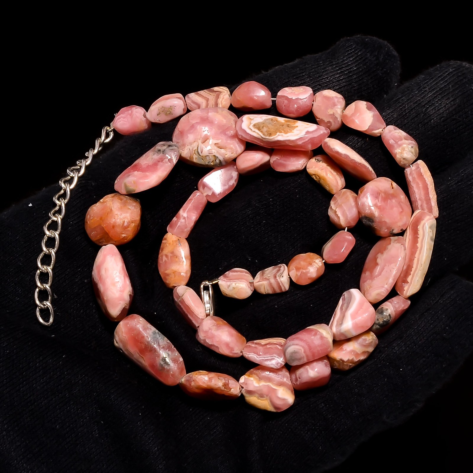 Natural Rhodochrosite Freeform Nugget Necklace 925 Sterling Silver Lobster Clasp