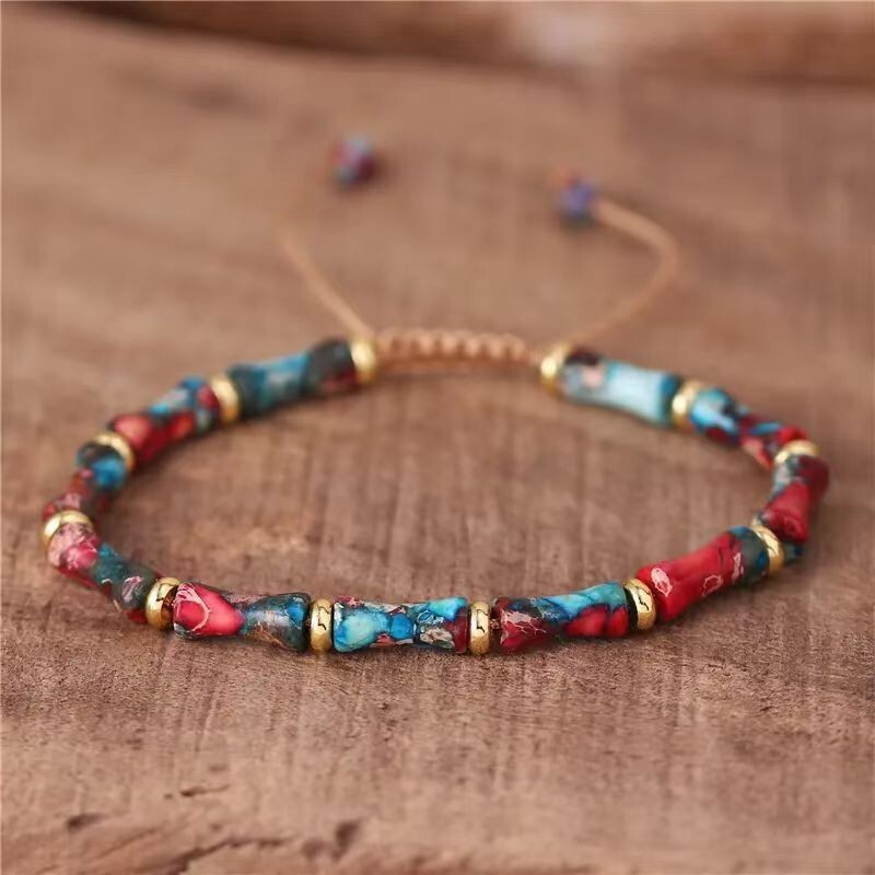 Sea Sediment Jasper Bamboo Shaped Beads Handmade Woven Healing Gemstone Bracelet