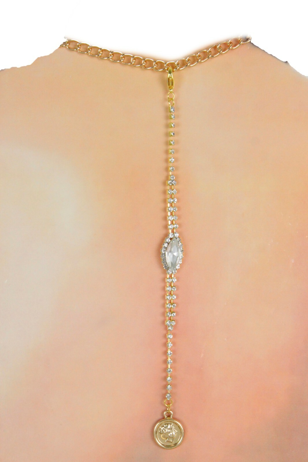 Women Open Back Dressy Long Necklace Pendant Gold Metal Chain Links Coin Charm
