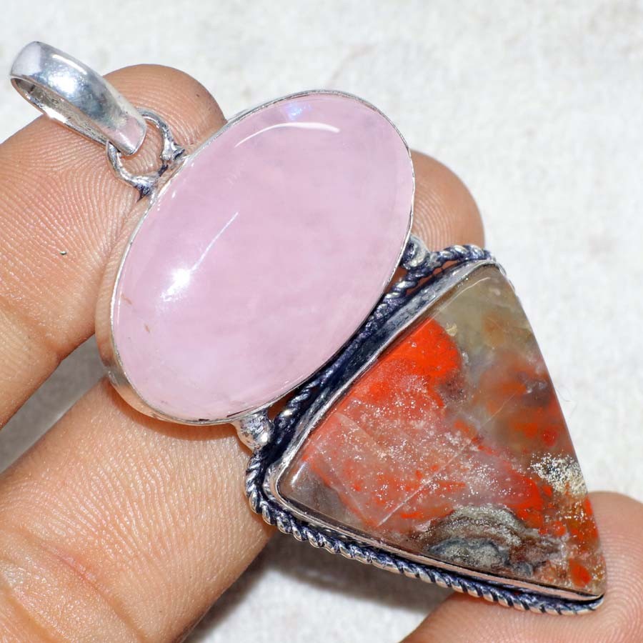 925 Silver Plated Long Red Jasper Rose Quartz Pendant 2.4″ Wedding Jewelry GW