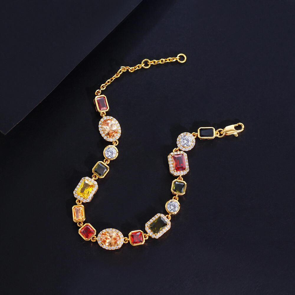 Women Boho Gold Plated Colorful Cubic Zirconia Chain Bracelet Party Jewelry Gift