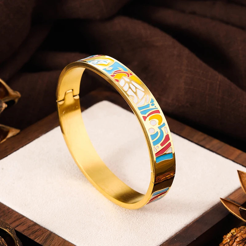 Stainless Steel Enamel Cuff Bangle Women Gold Tone Geometric Round Jewelry