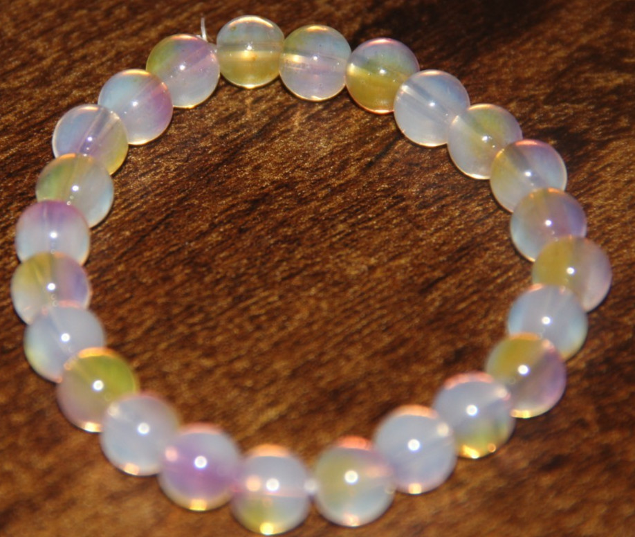Iridescent Pink & Yellow Glass Bead Stretch Bracelet Multi-Color Opalescent Look