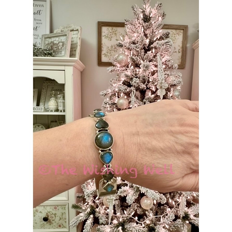 Labradorite Cuff Bracelet Heart Shape 50 grams Sterling Silver 6-8”