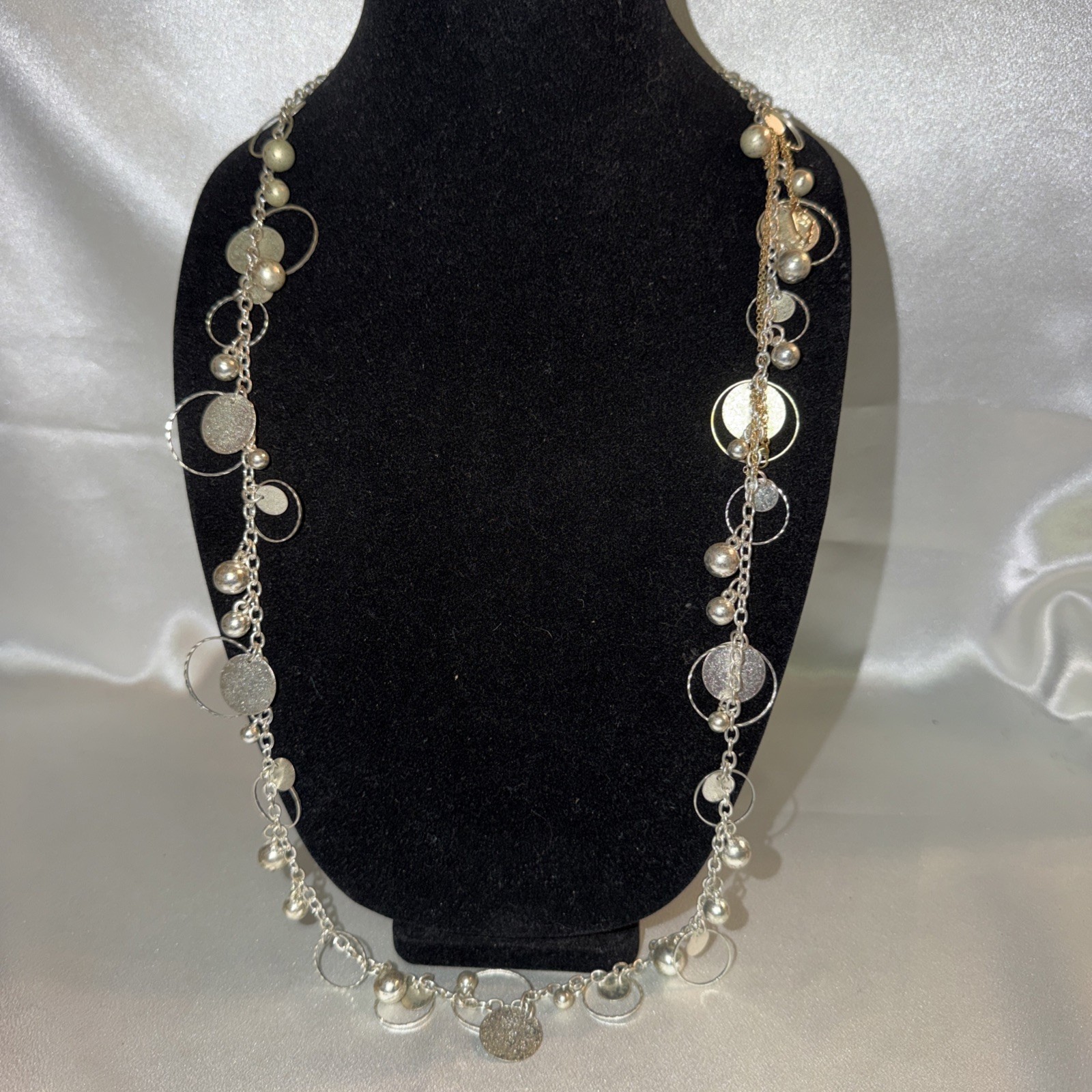 Lea Sophia Silver tone Shimmer Necklace With Silver Beads& Dangles 34 In Long