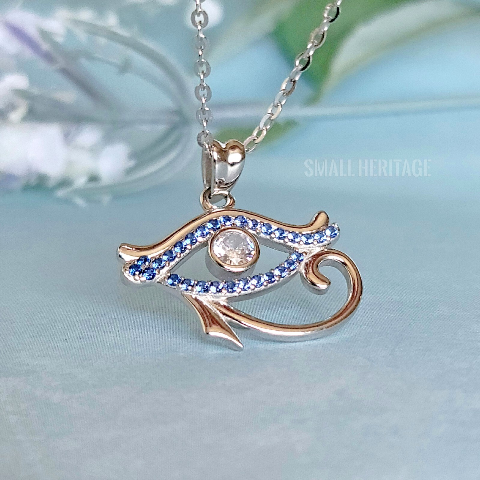 925 Sterling Silver Necklace Ancient Egypt Eye Of Horus pendant Blue crystals