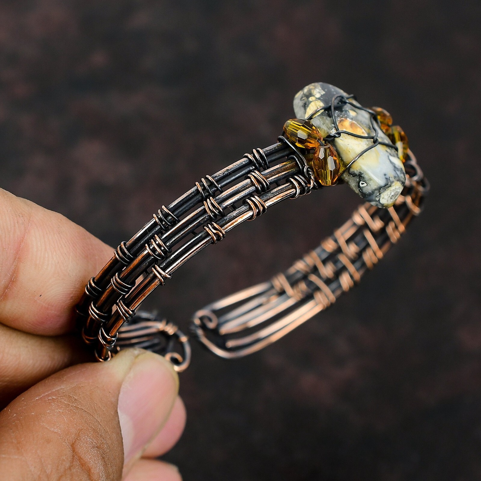 Gift For Her Maligano Jasper Wire Wrapped Adjustable Bangle Copper Jewelry