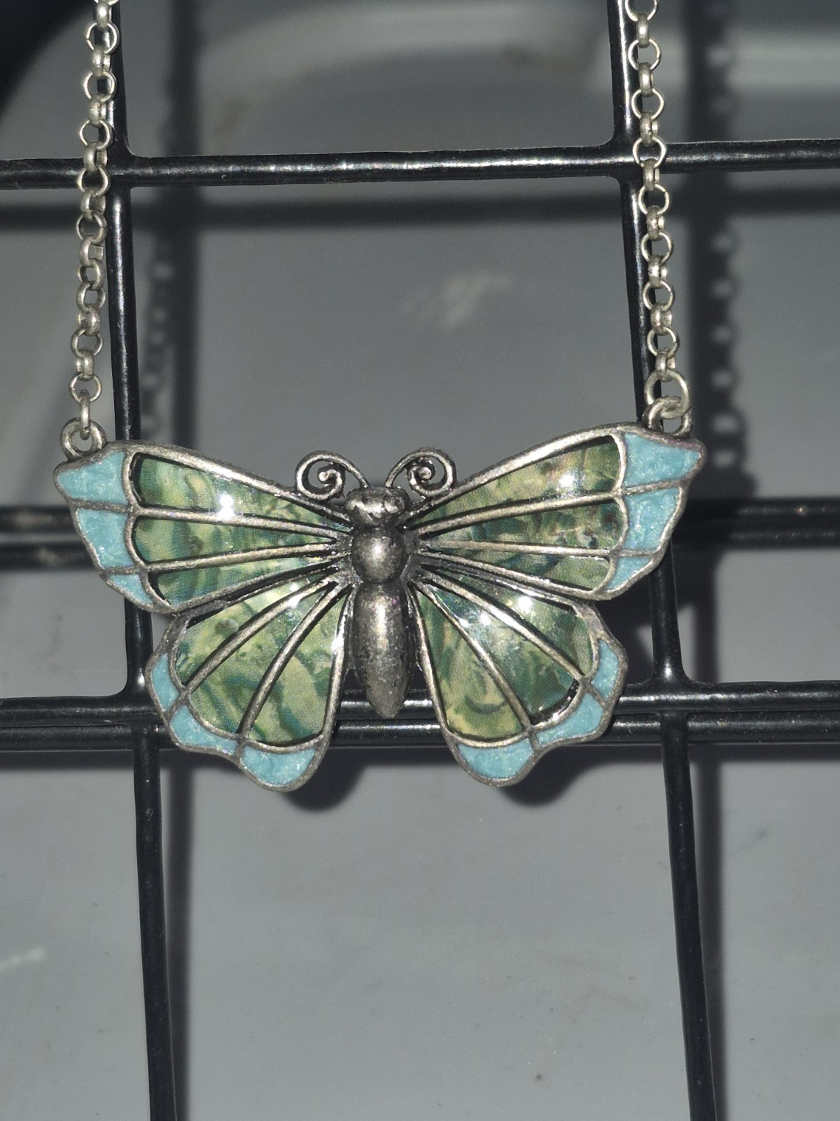 Butterfly Pendant Necklace Green Blue Silver Cable Chain Statement Charm