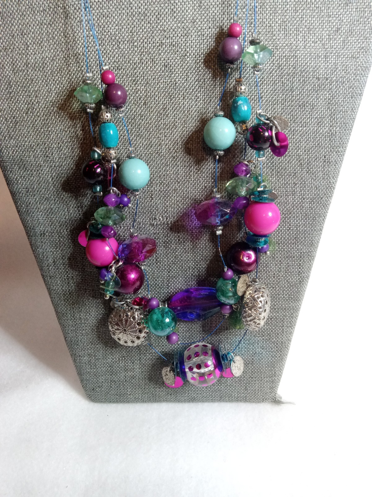Multicolor Beaded Silver Accent Beads Layered Statement Glass & Sequin Necklace