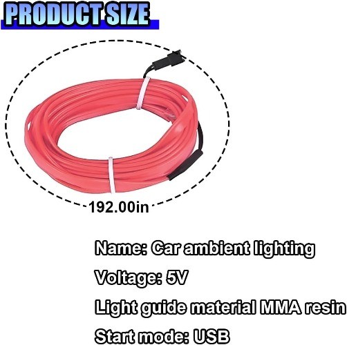 EL Wire Car Interior LED Strip Lights, 5V 16FT USB Neon Light with Color: Pink