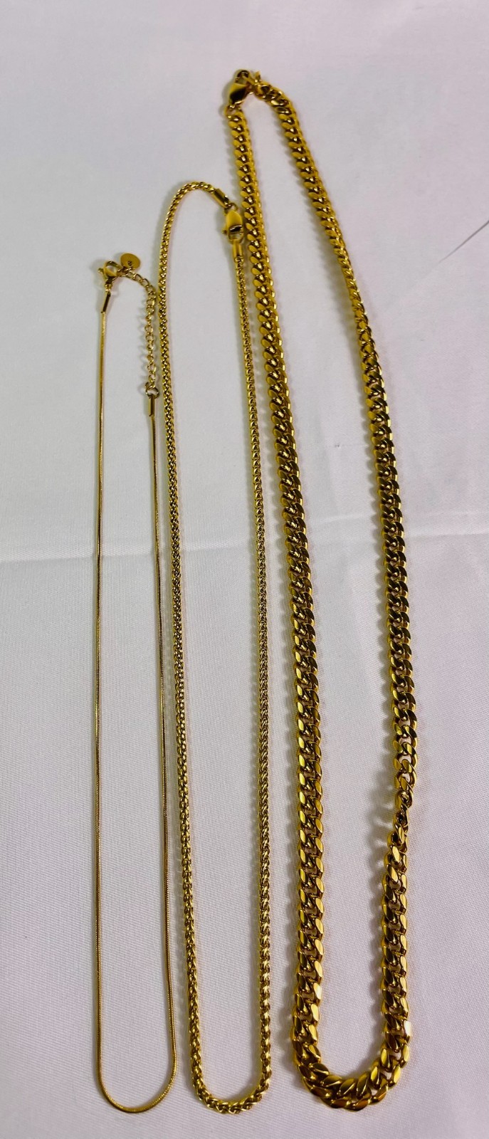 Lot of 3 Gold Tone Necklaces 18KGP Cuban Curb Chain Snake Chain Fashion Jewelry