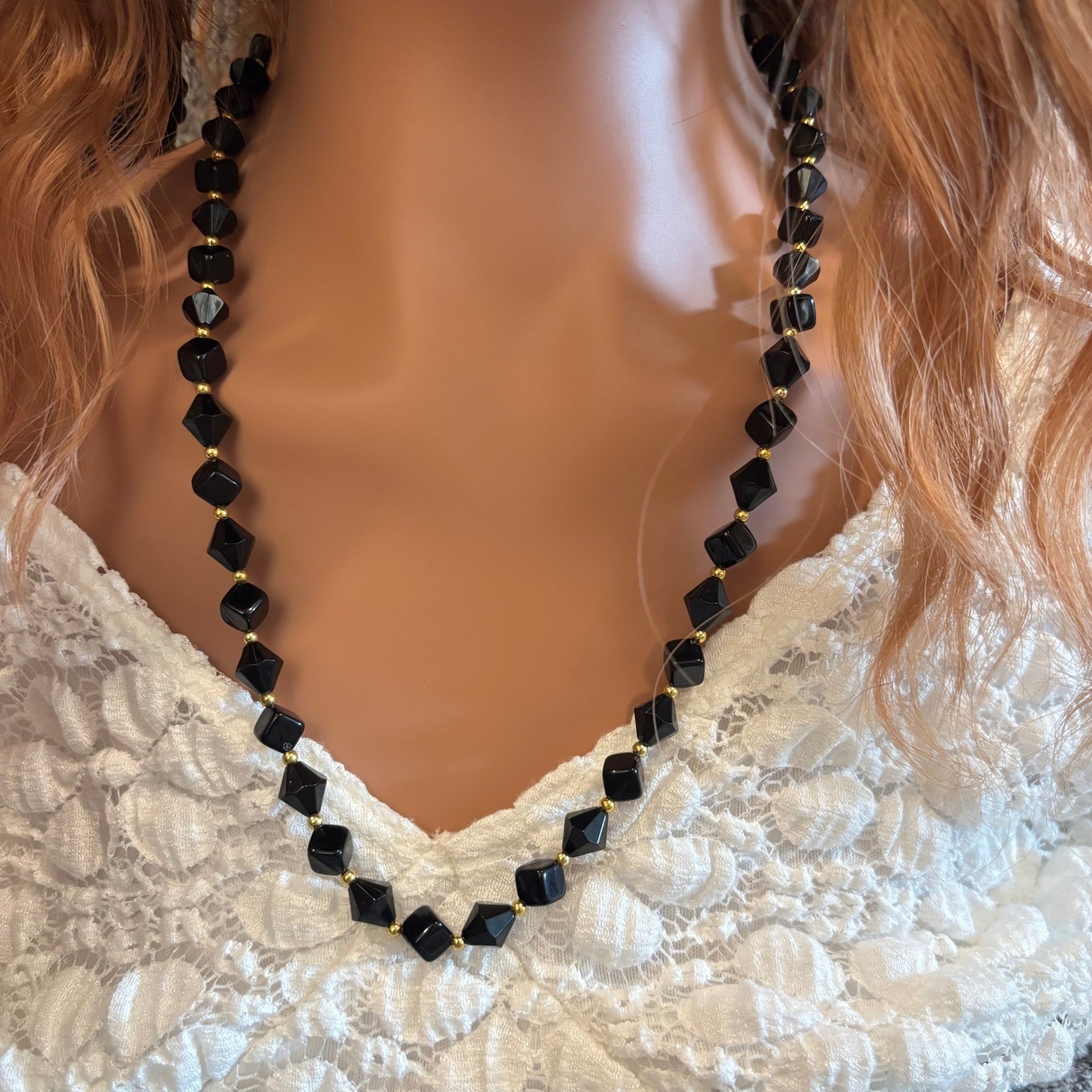 Ahbra-Cale Collection Goth Necklace Black Beaded Gold Tone Dark Academia 21314