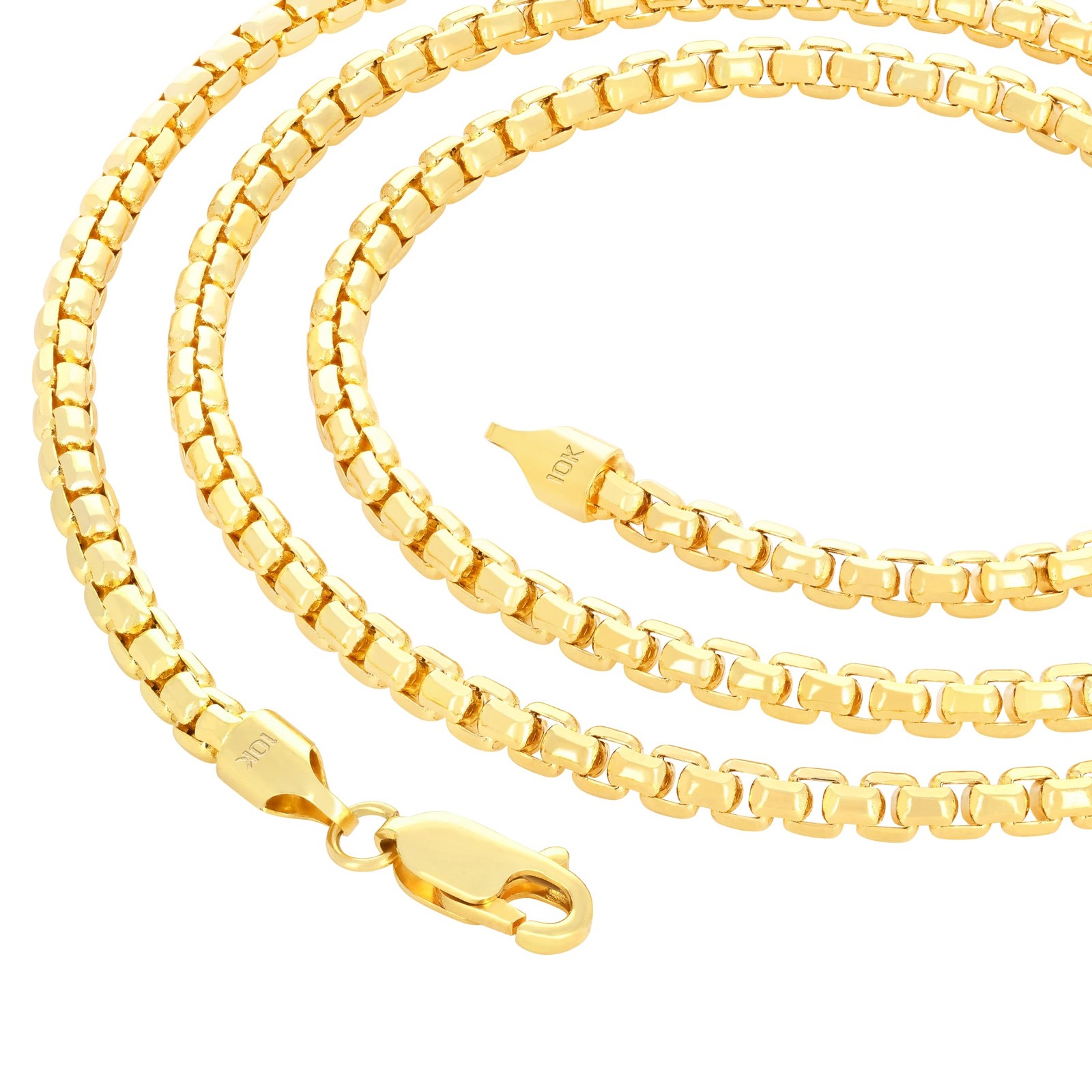 10K Yellow Gold 1.5mm-3.5mm Venetian Round Box Chain Necklace Men Women 16″- 30″