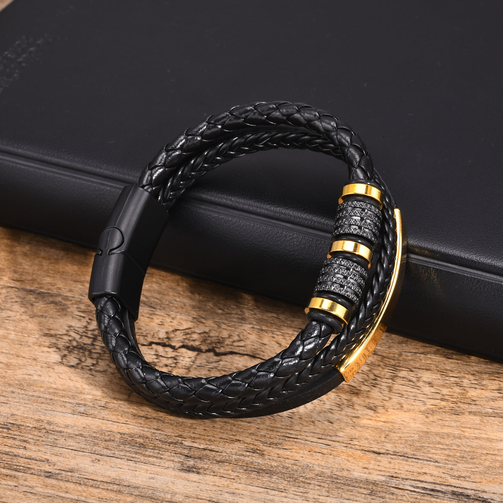Custom PU Leather Bracelets for Men Boy,Stainless Steel Personalized Bangle