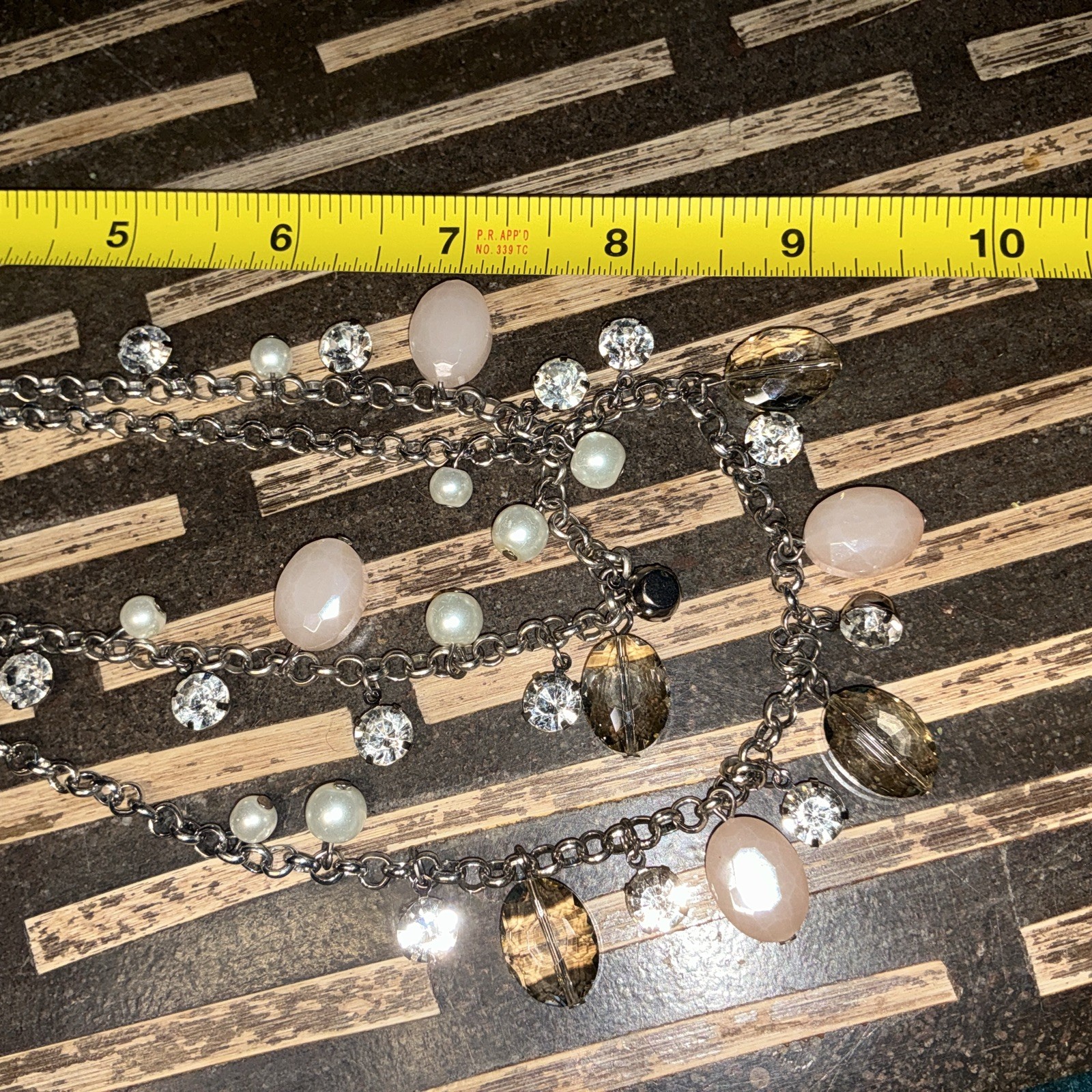 Multi Strand Gunmetal Statement Necklace Blush Beads Faux Pearls Rhinestones
