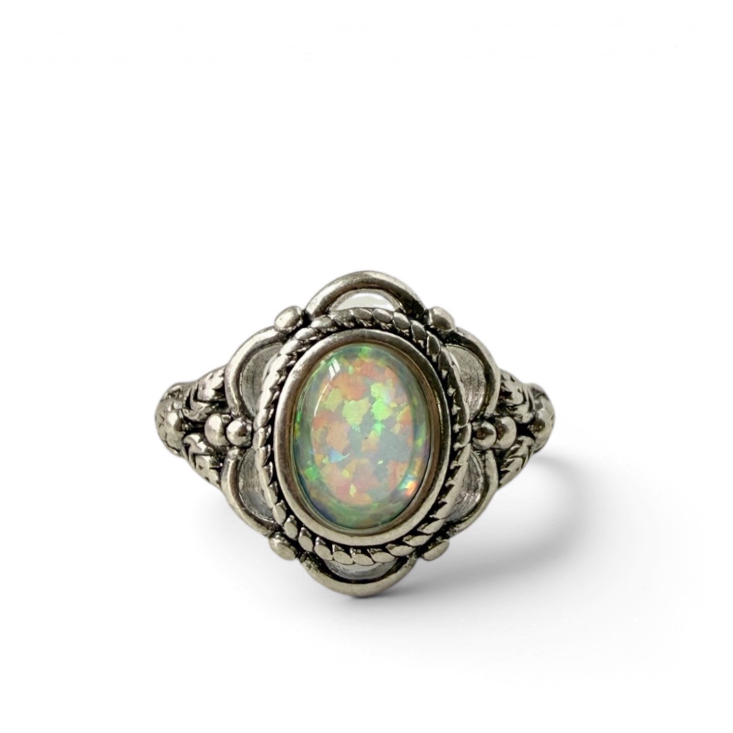 Vintage Style Oval Cut Lab Created Opal Ring Silvertone Size 7