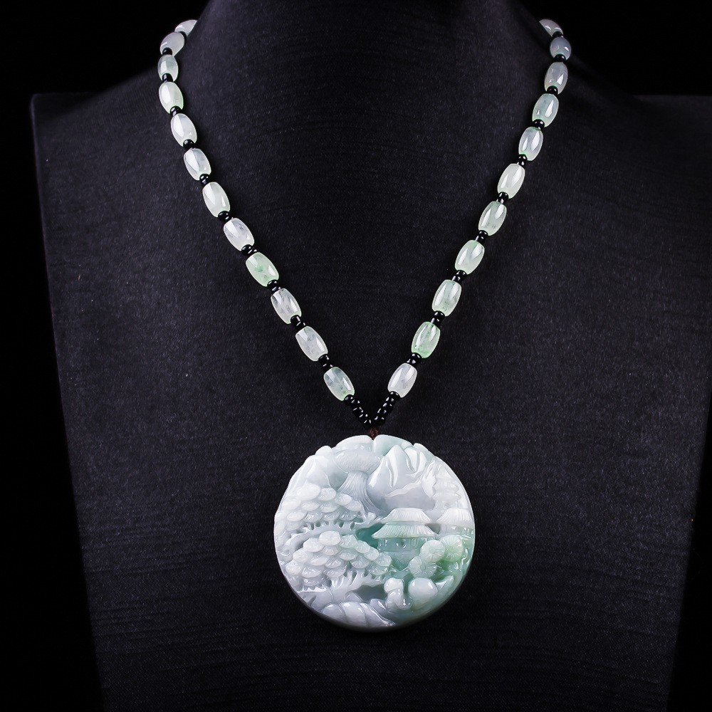 Type A Myanmar Double Sided Round Landscape Jadeite Pendant Carved Jewelry Gift