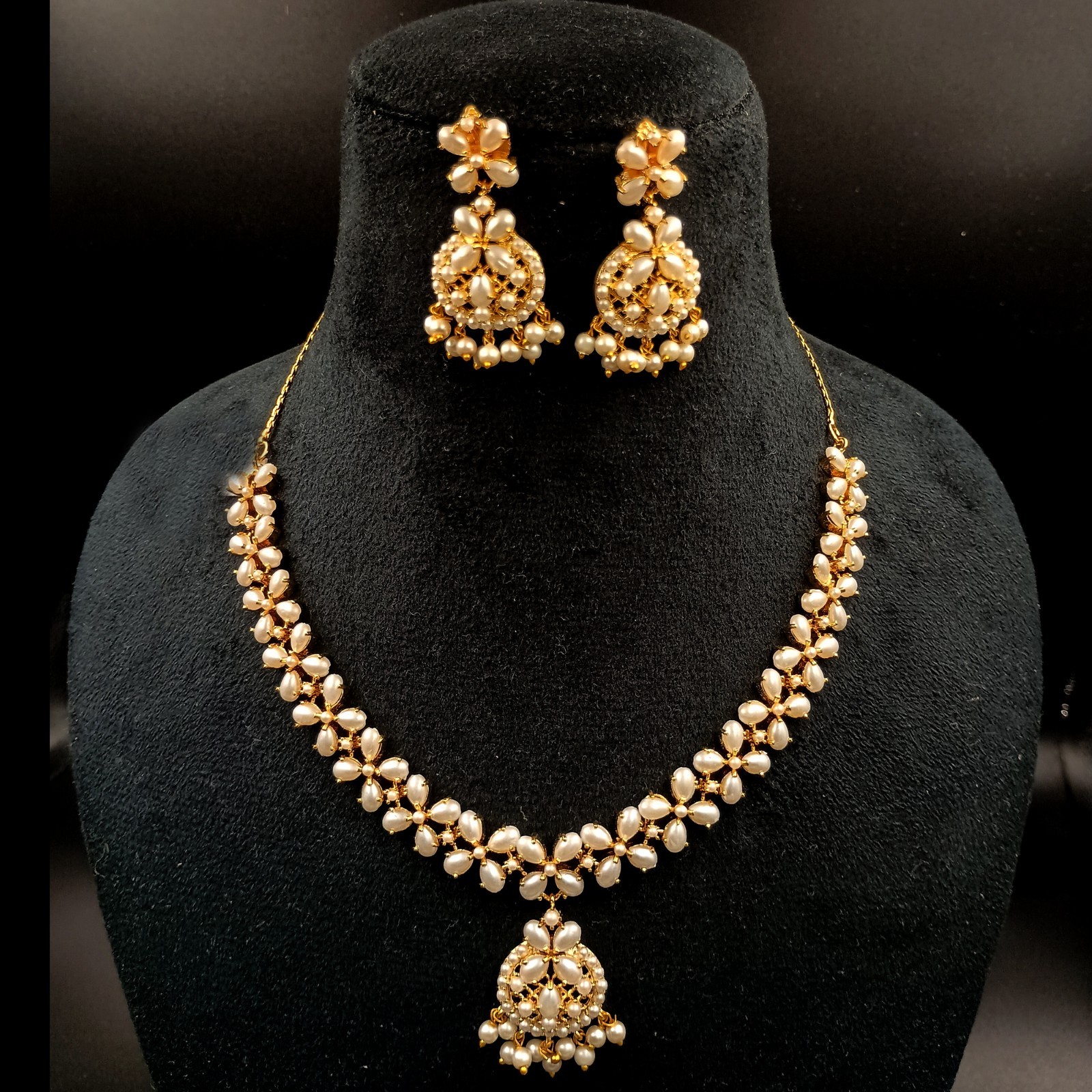 Vintage White Pearl Necklace Set 22K Gold Plated Chain Earrings Bridal Gift