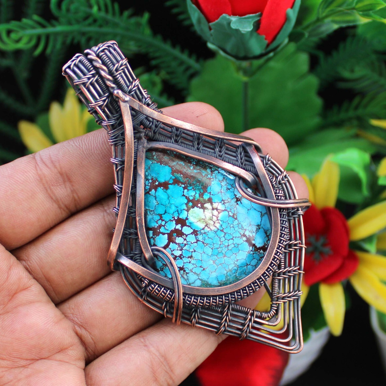 Tibetan Turquoise Pendant Copper Wire Wrapped Pendant Handmade Copper Jewelry