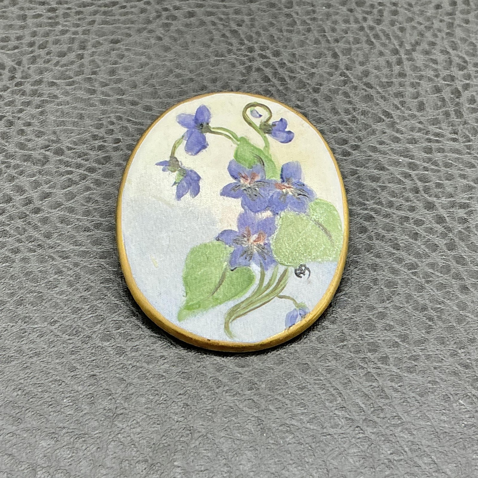 Porcelain Violet Flower Brooch Pin Hand Painted Oval Brass Tone Floral Jewelry