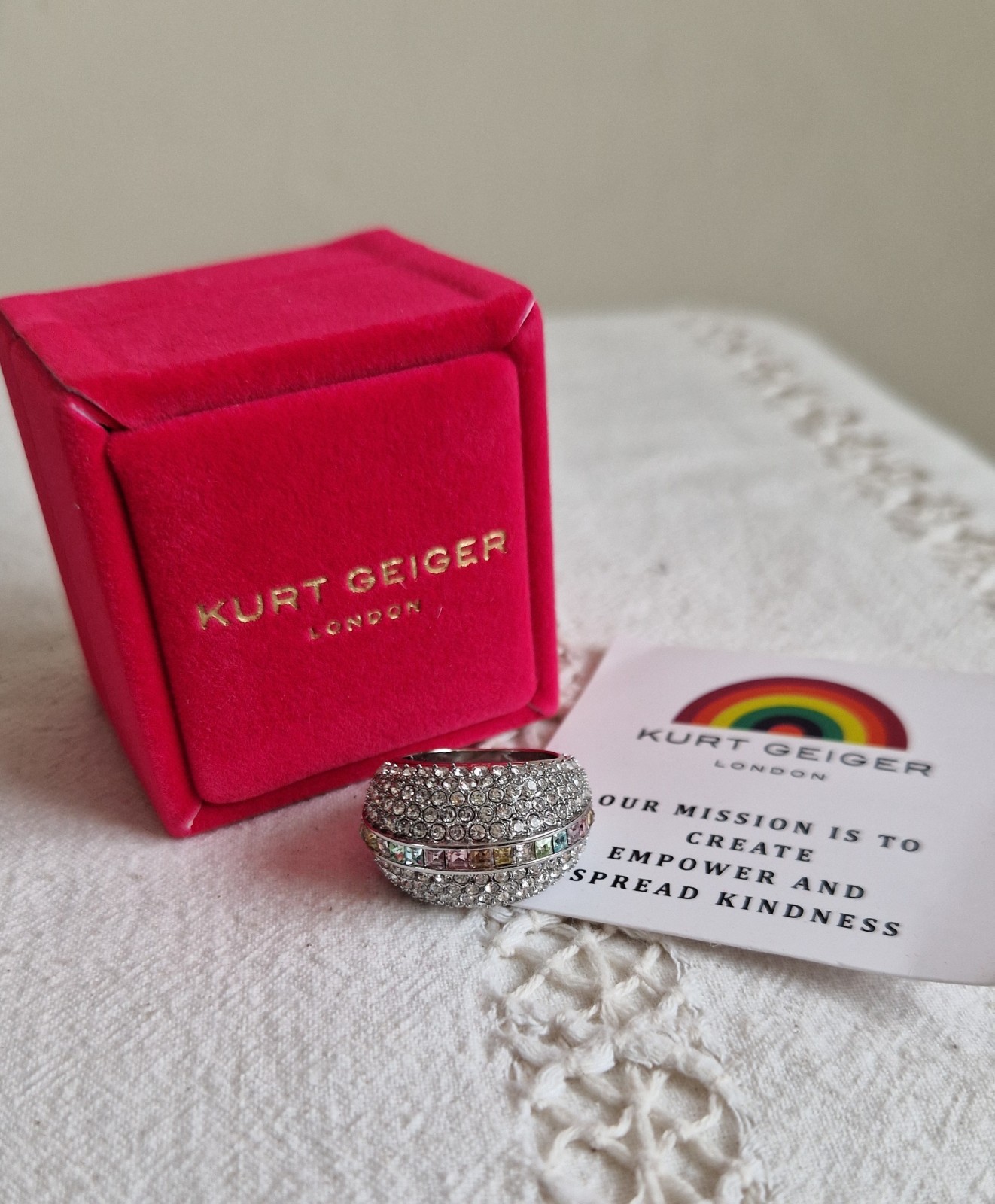 Kurt Geiger Silver Pave Rainbow Ring Size S/M, UK O, US 7 RRP £119