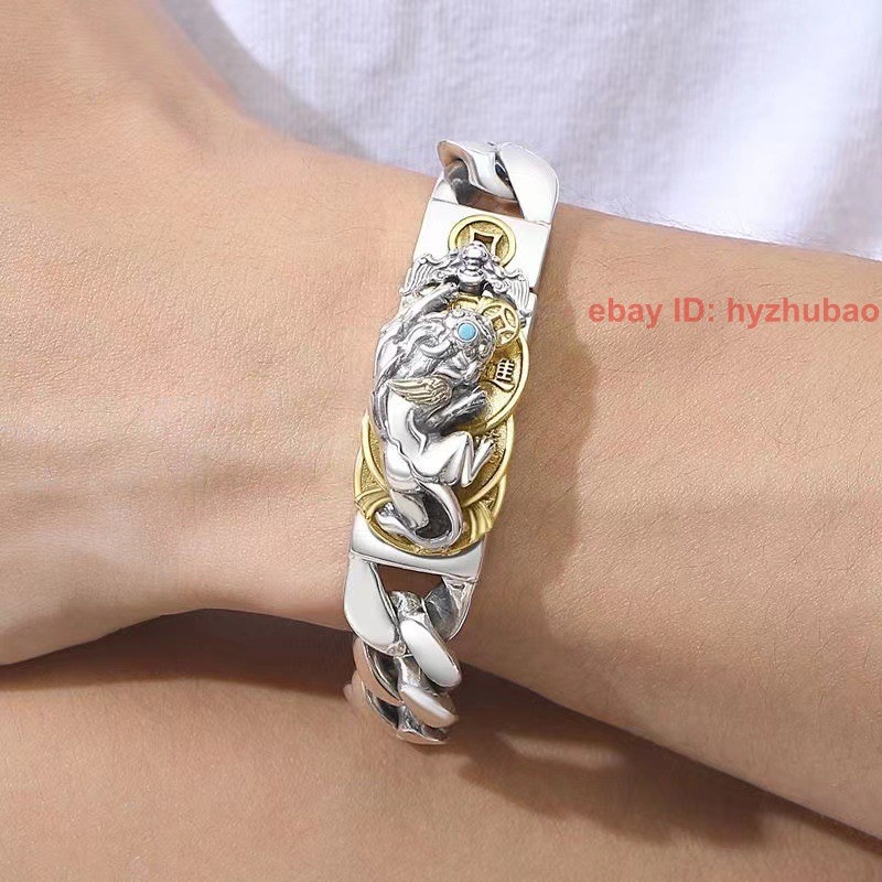 Fashion Solid Brass Silver Plated PiXiu Statue Man Woman Lucky Bangle Bracelet