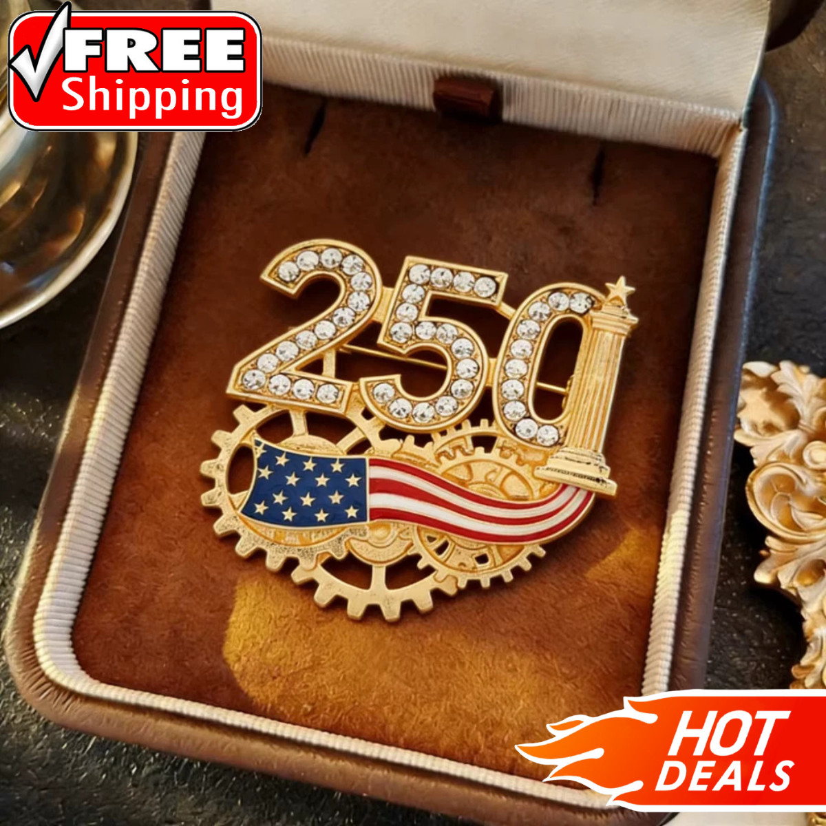Gold Tone USA Independence Day American Flag Brooch Pin Rhinestone Enamel Gift