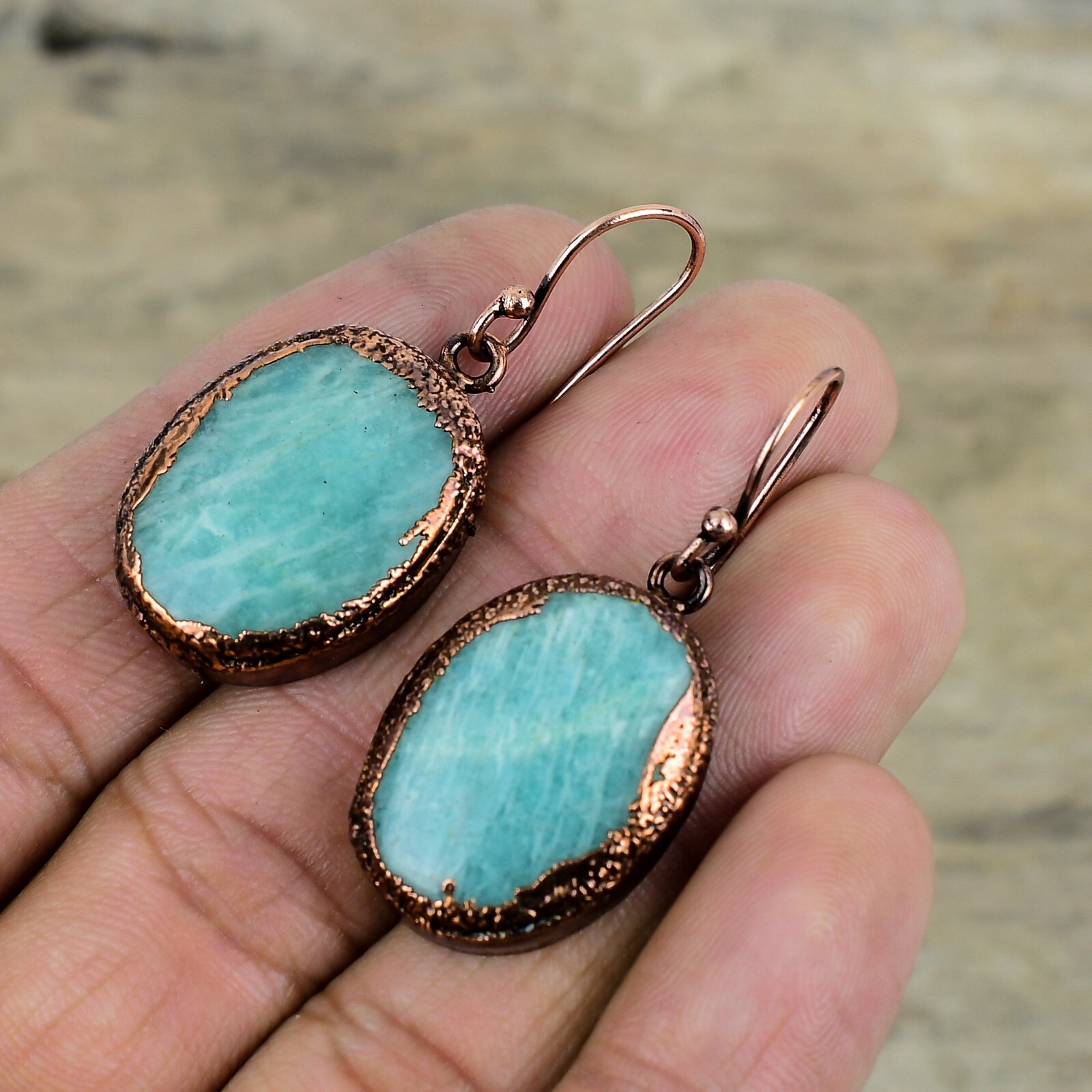 Amazonite Copper Gift For Sister Electroformed Drop/Dangle Earrings 1.81″