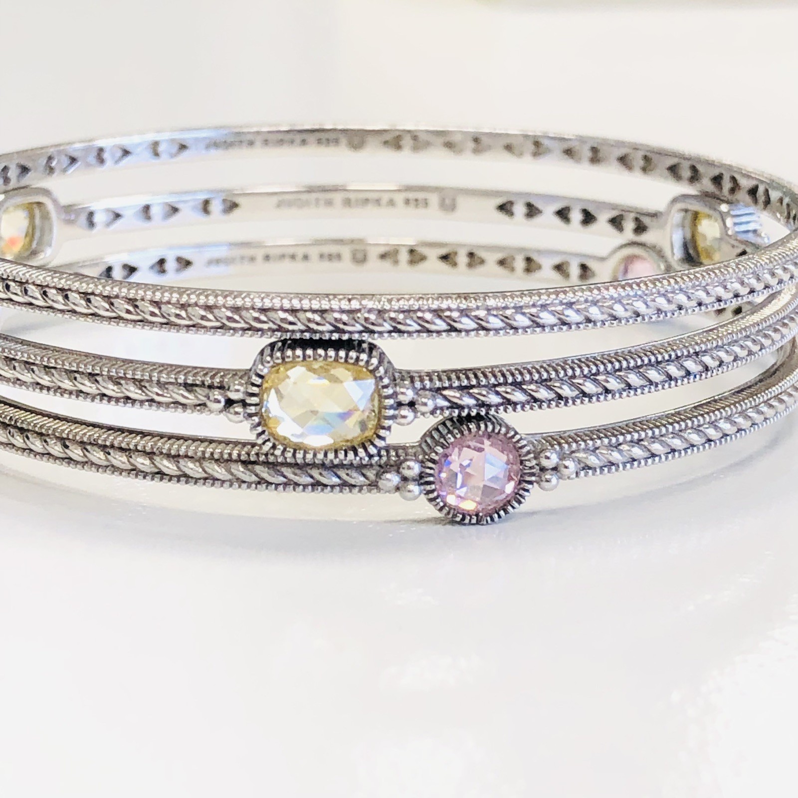 Judith Ripka Sterling Silver 925 3 Pc Canary Pink Crystal Stack Bangle Set 40.1g
