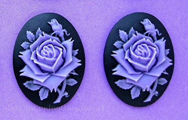 2 Unset Purple Lavender color Rose on BLACK 40mm x 30mm Costume Jewelry CAMEOS