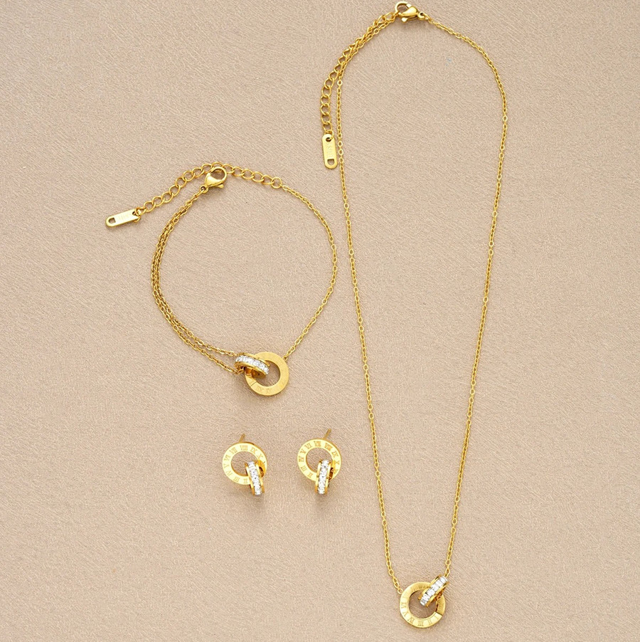 4pcs Gold Stainless Steel Jewelry Set Necklace Bracelet Earrings Roman Circles