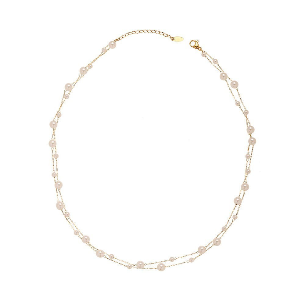 Woman 18K Gold Plated Stainless Steel Pearl 2 Layers Chain Necklace